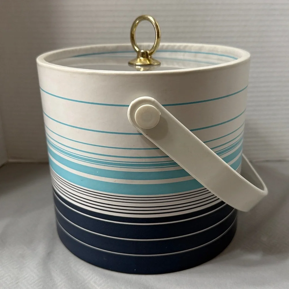 Vintage Ice Bucket 4 Glasses 4 Coasters Tongs Set in Aqua, Navy & White Stripes